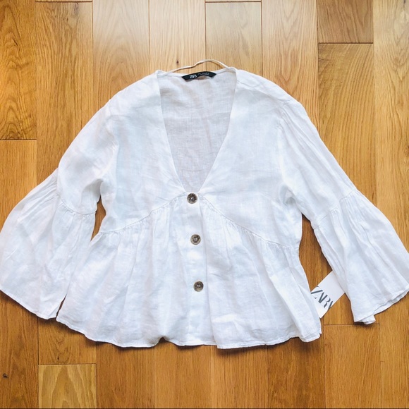 NWOT Zara White Buttoned VNeck Blouse Flowy Sleeve - Picture 7 of 8